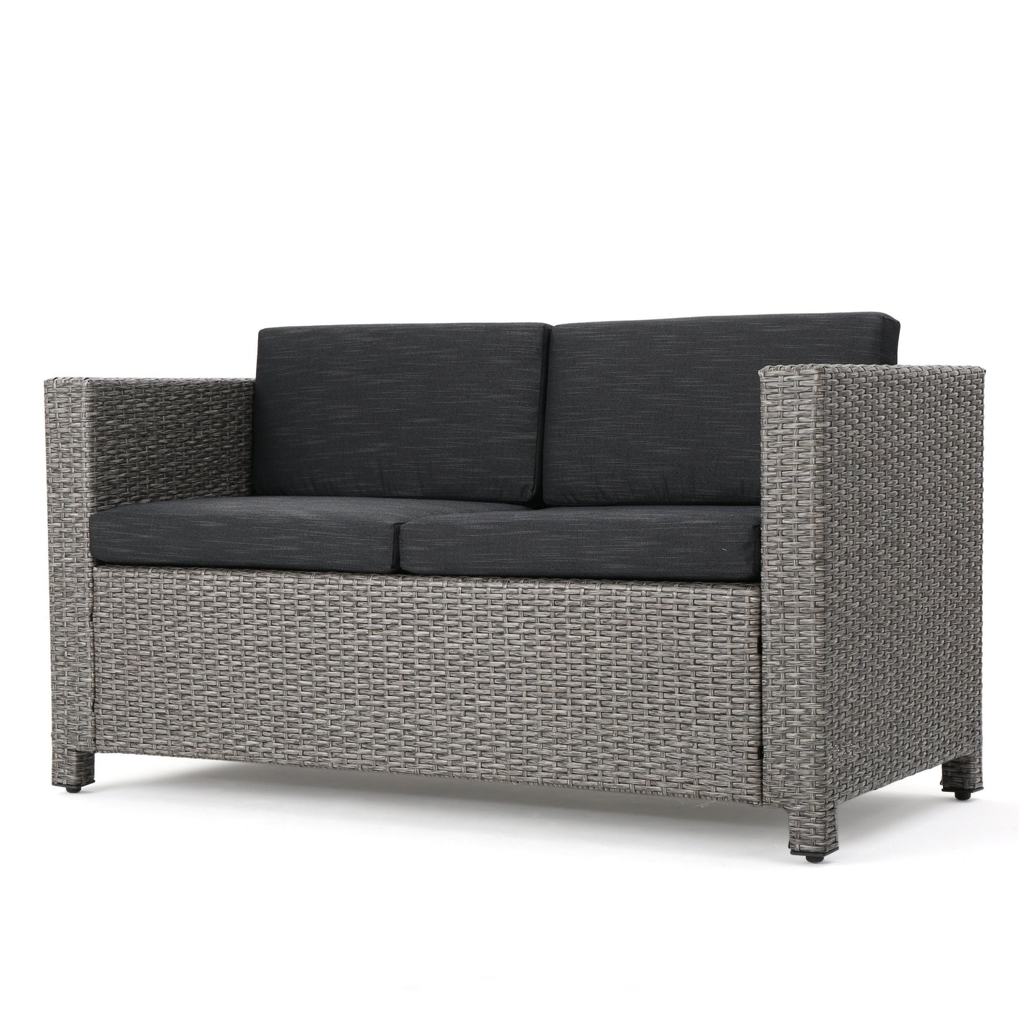 Gray wicker loveseat with charcoal cushions for outdoor patios