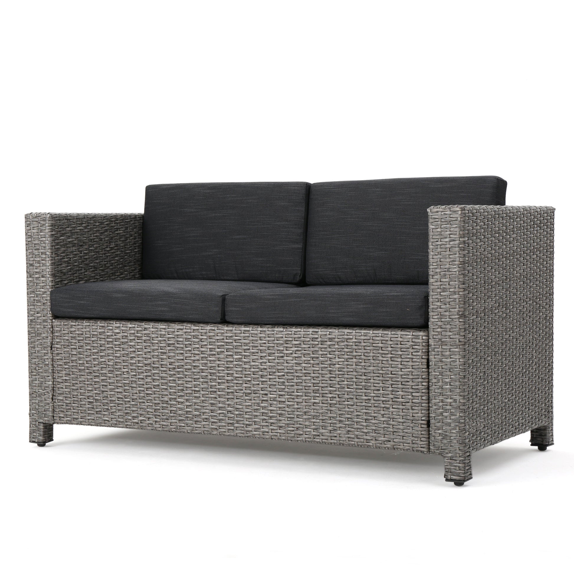 Gray wicker loveseat with charcoal cushions for outdoor patios