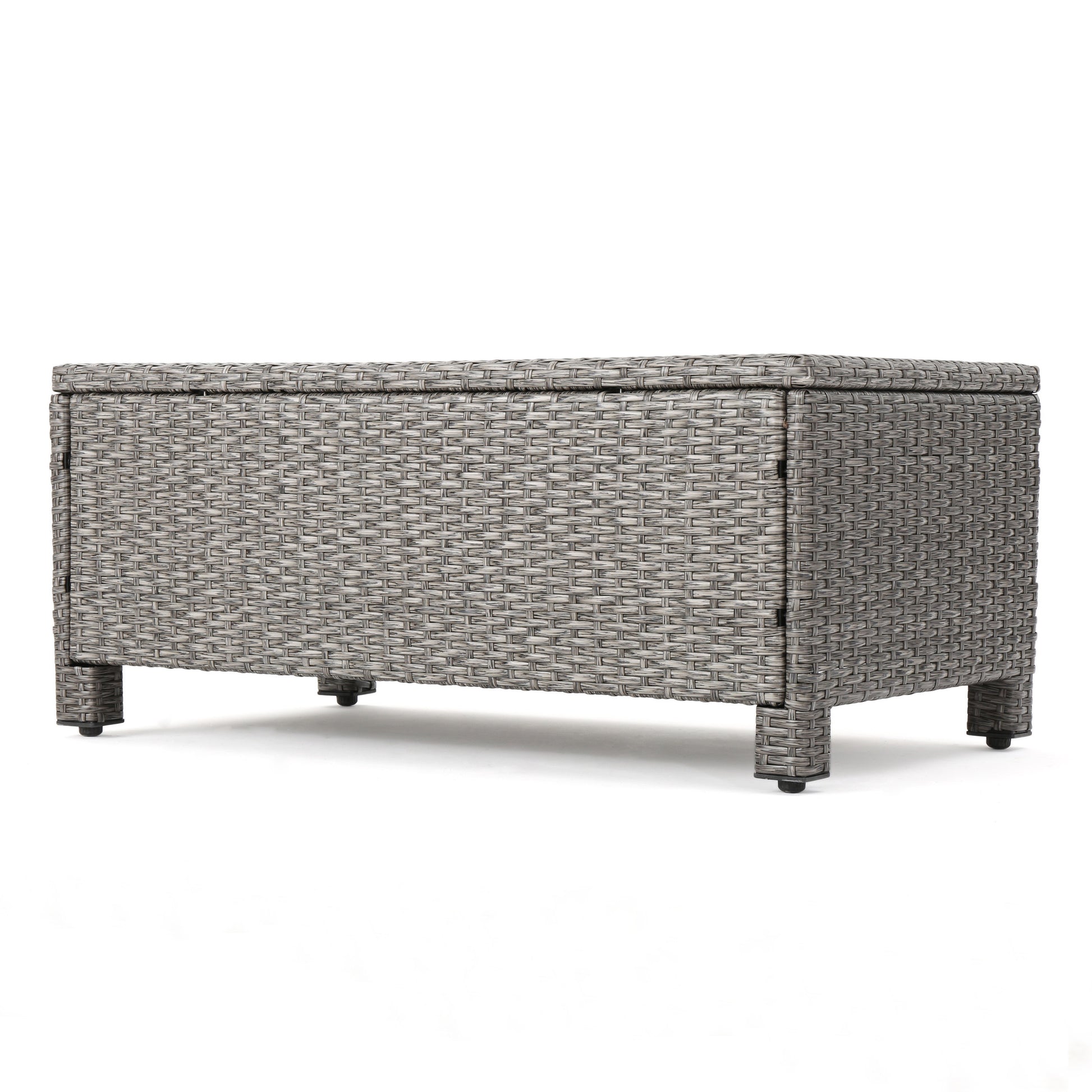 Gray wicker outdoor storage chest with lid and four legs