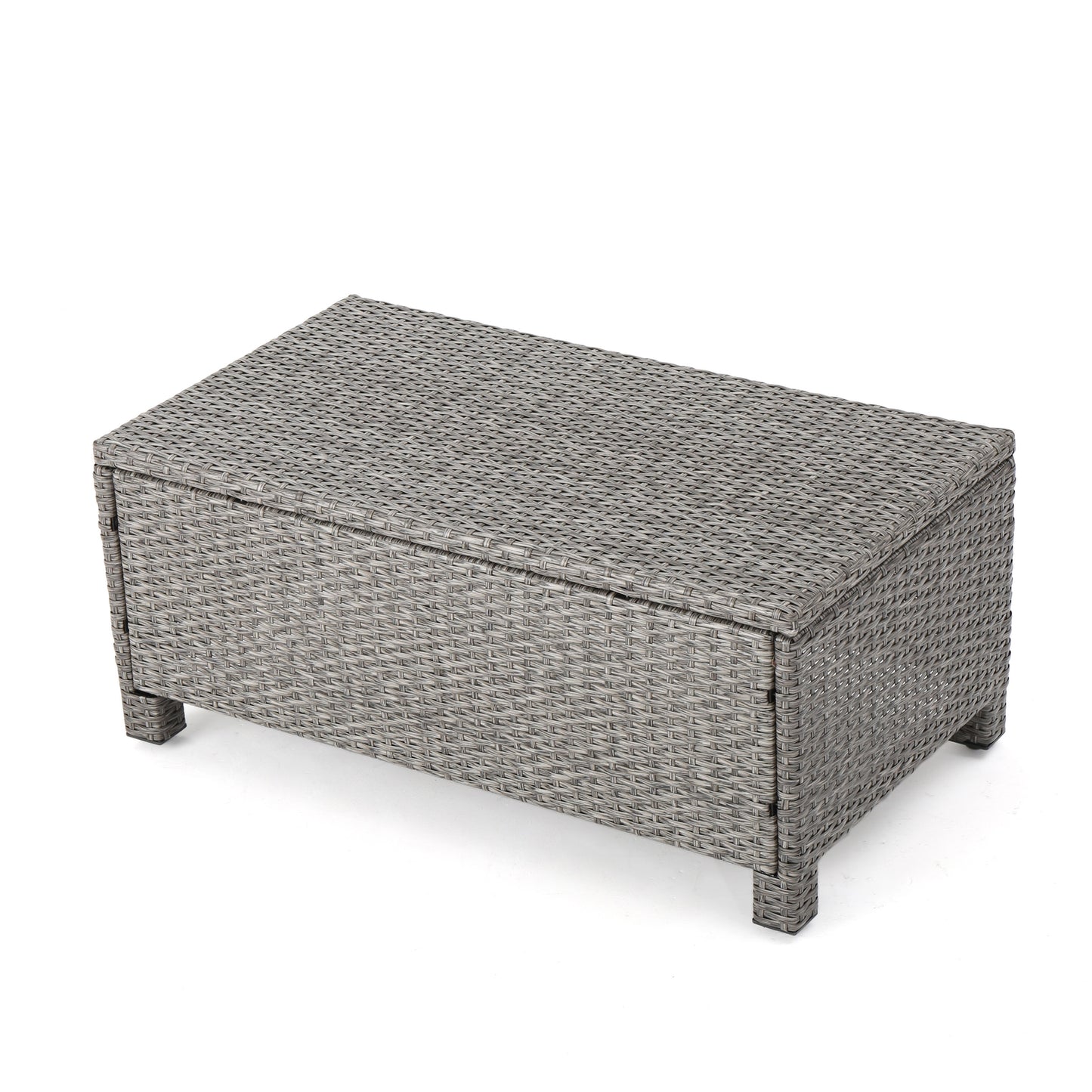 Gray wicker storage bench with hinged lid and sturdy legs