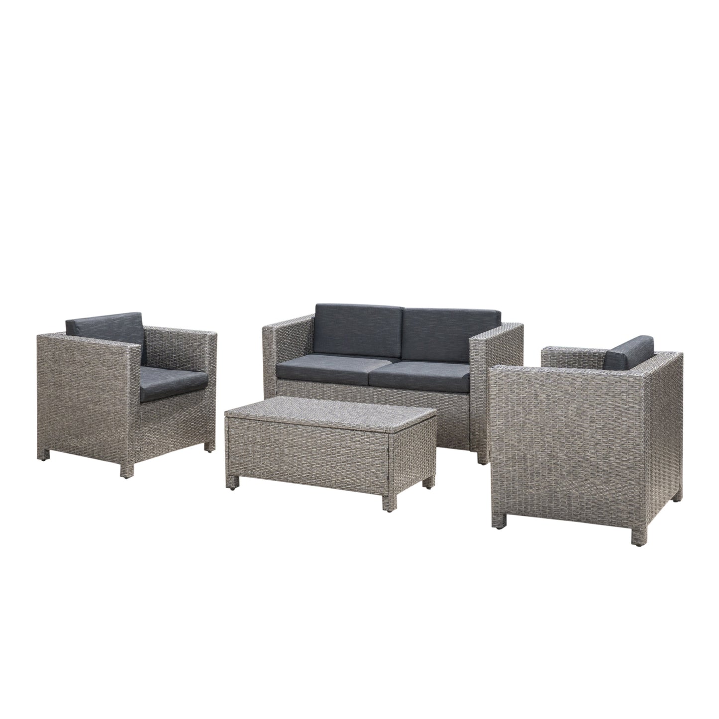 Grey wicker outdoor furniture set with grey cushions including a sofa and two chairs