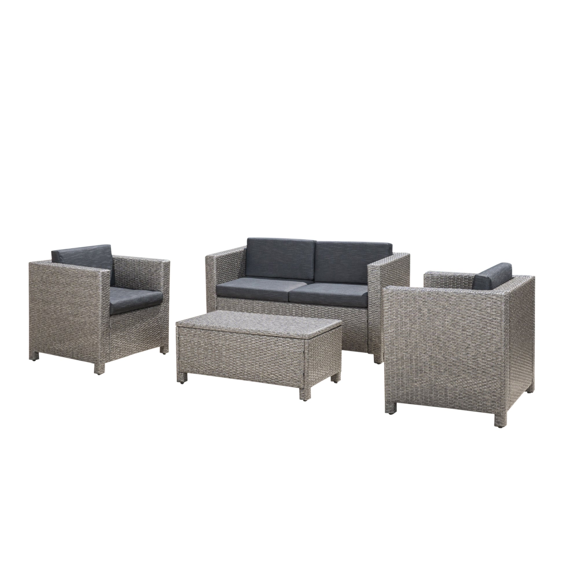 Grey wicker outdoor furniture set with grey cushions including a sofa and two chairs