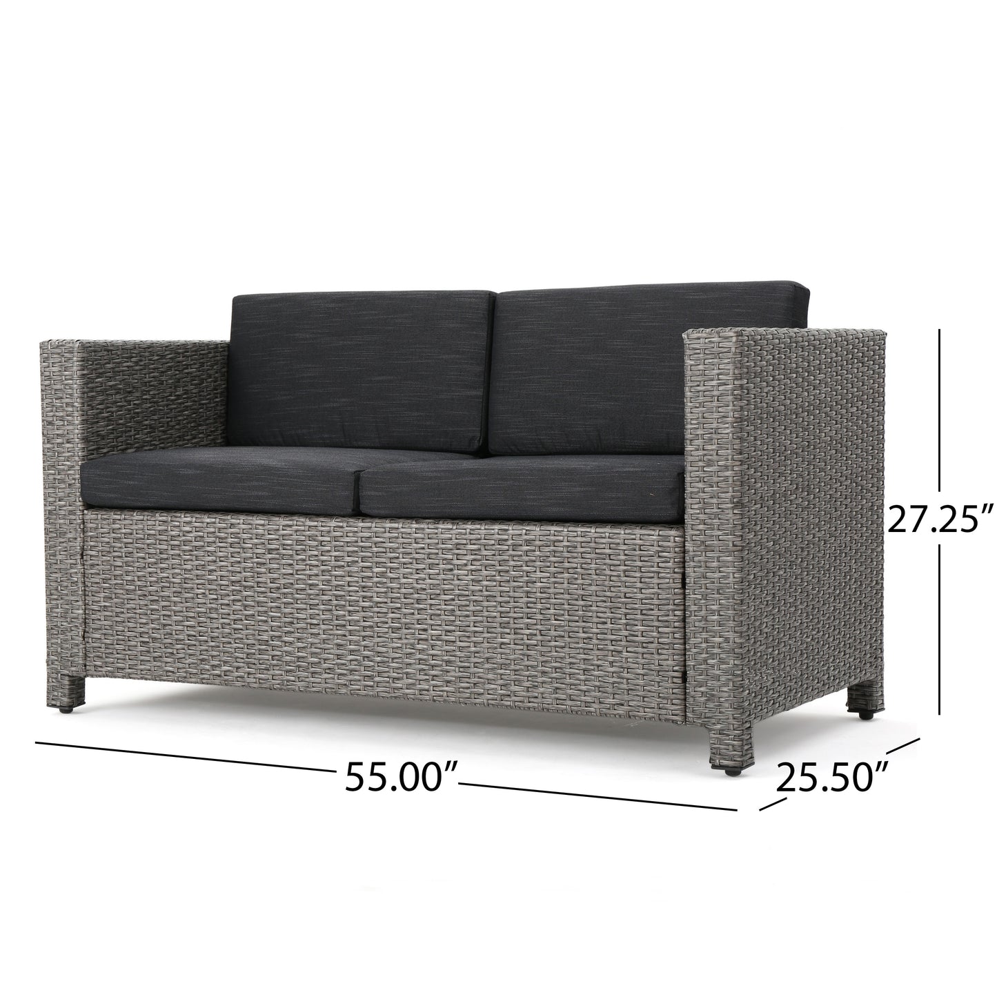 Gray rattan loveseat with charcoal cushions perfect for outdoor patio furniture