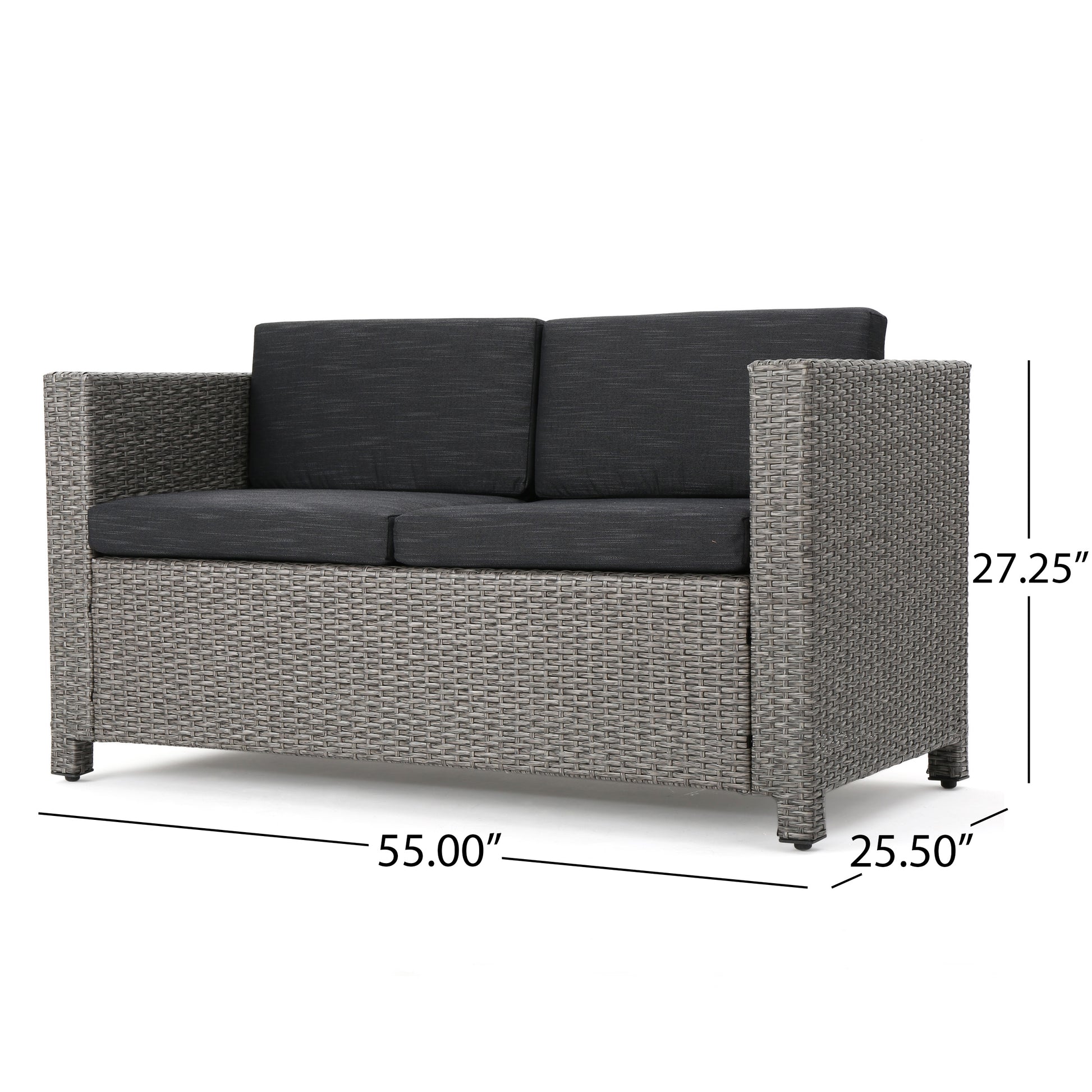 Gray rattan loveseat with charcoal cushions perfect for outdoor patio furniture