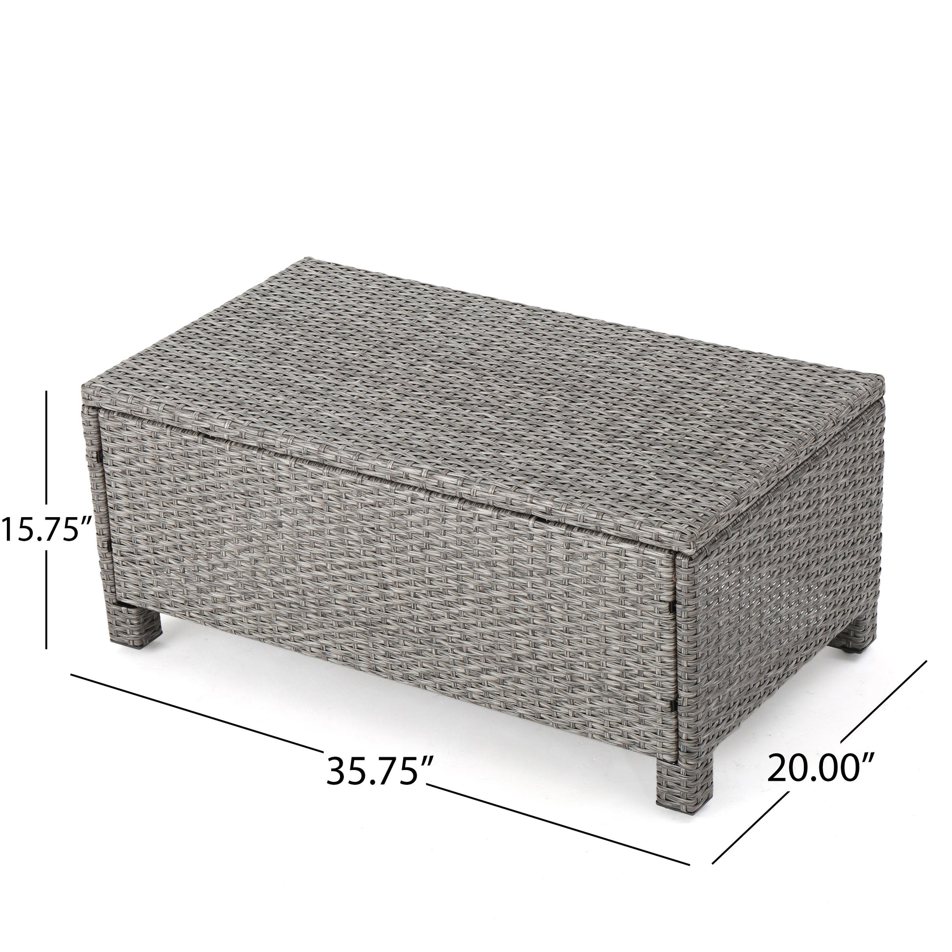 Gray wicker storage coffee table with hinged lid and four legs