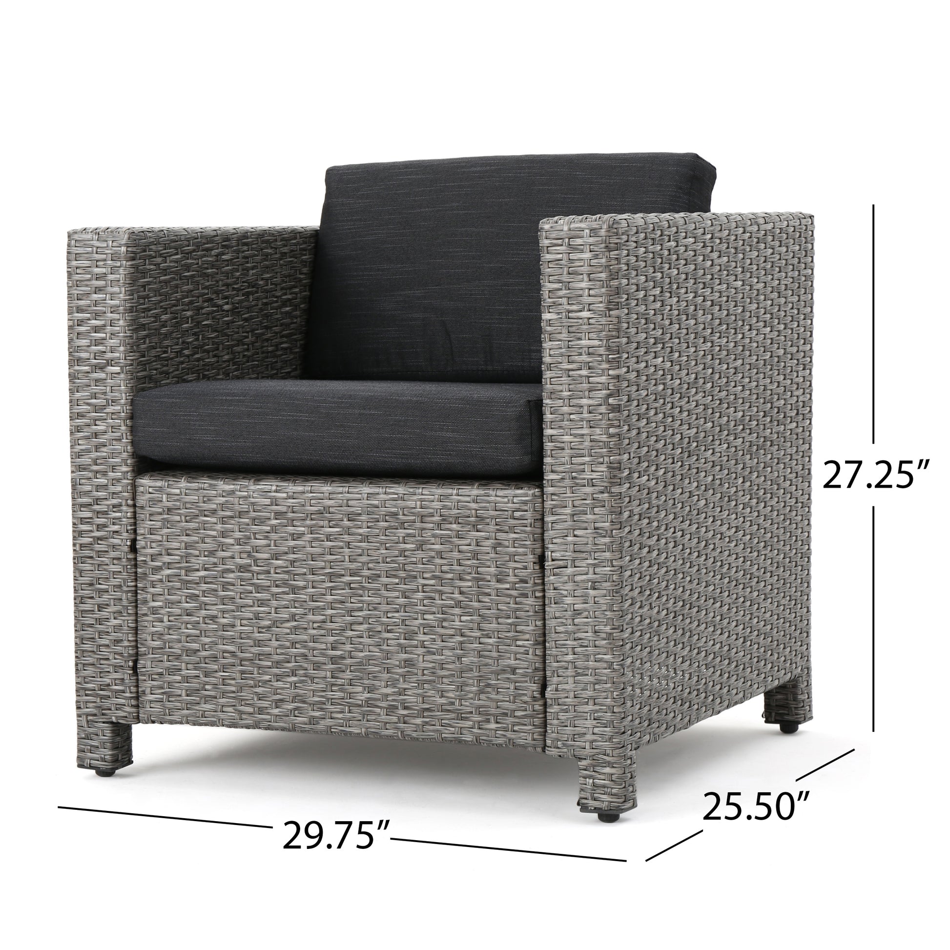 Gray wicker outdoor armchair with comfortable dark gray cushions perfect for patios