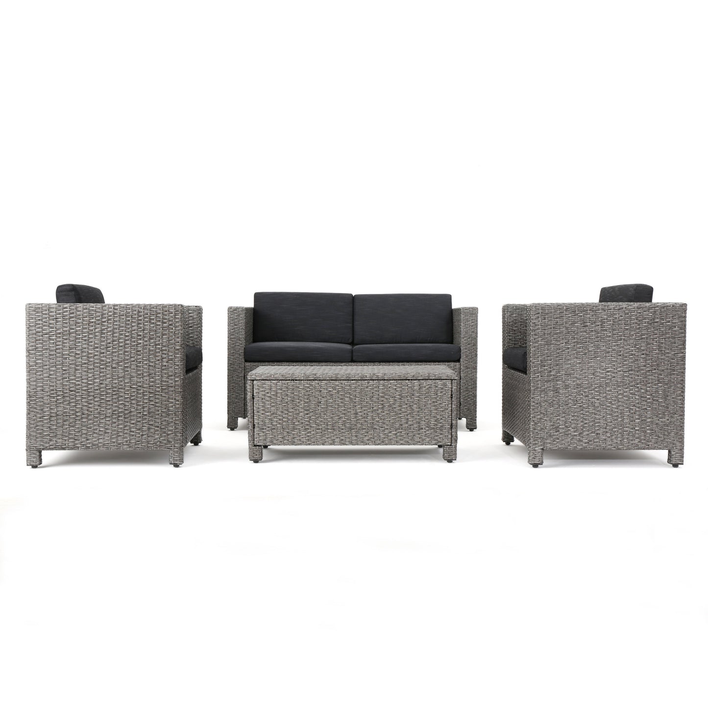 Grey rattan sectional outdoor sofa set with charcoal cushions and matching coffee table