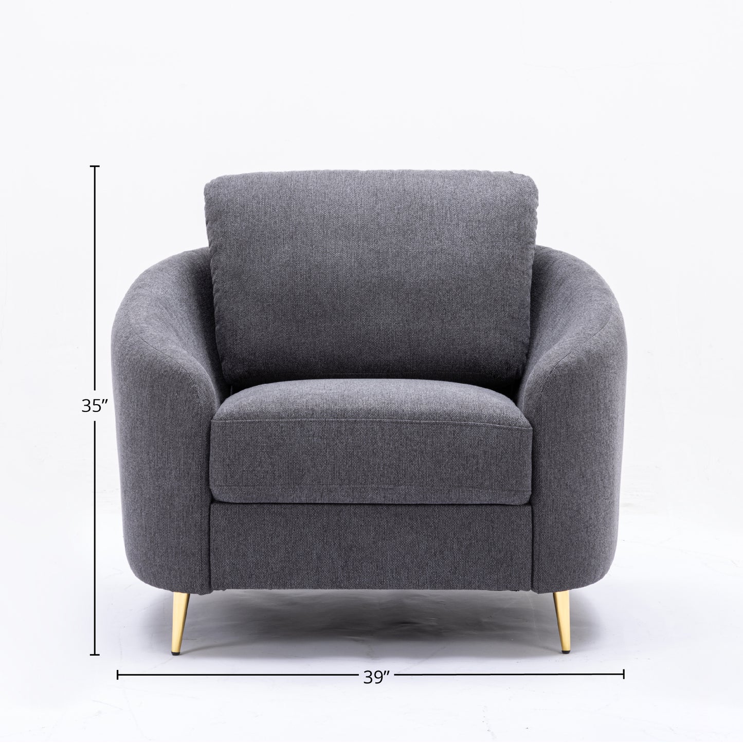 Dark grey fabric accent chair with plush cushion and gold tapered legs perfect for living rooms