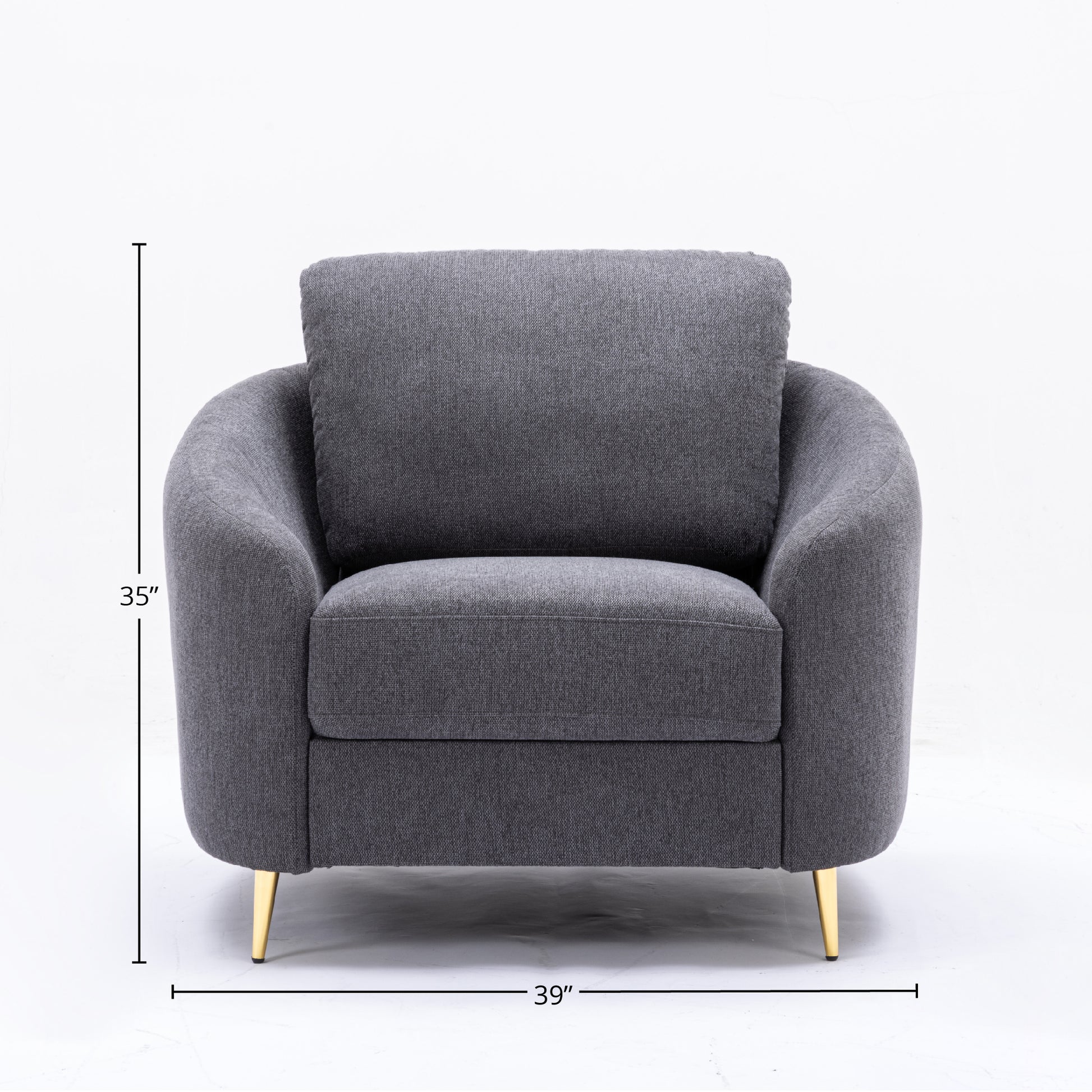 Dark grey fabric accent chair with plush cushion and gold tapered legs perfect for living rooms