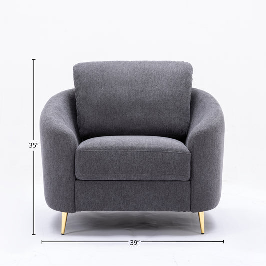 Dark grey fabric accent chair with plush cushion and gold tapered legs perfect for living rooms