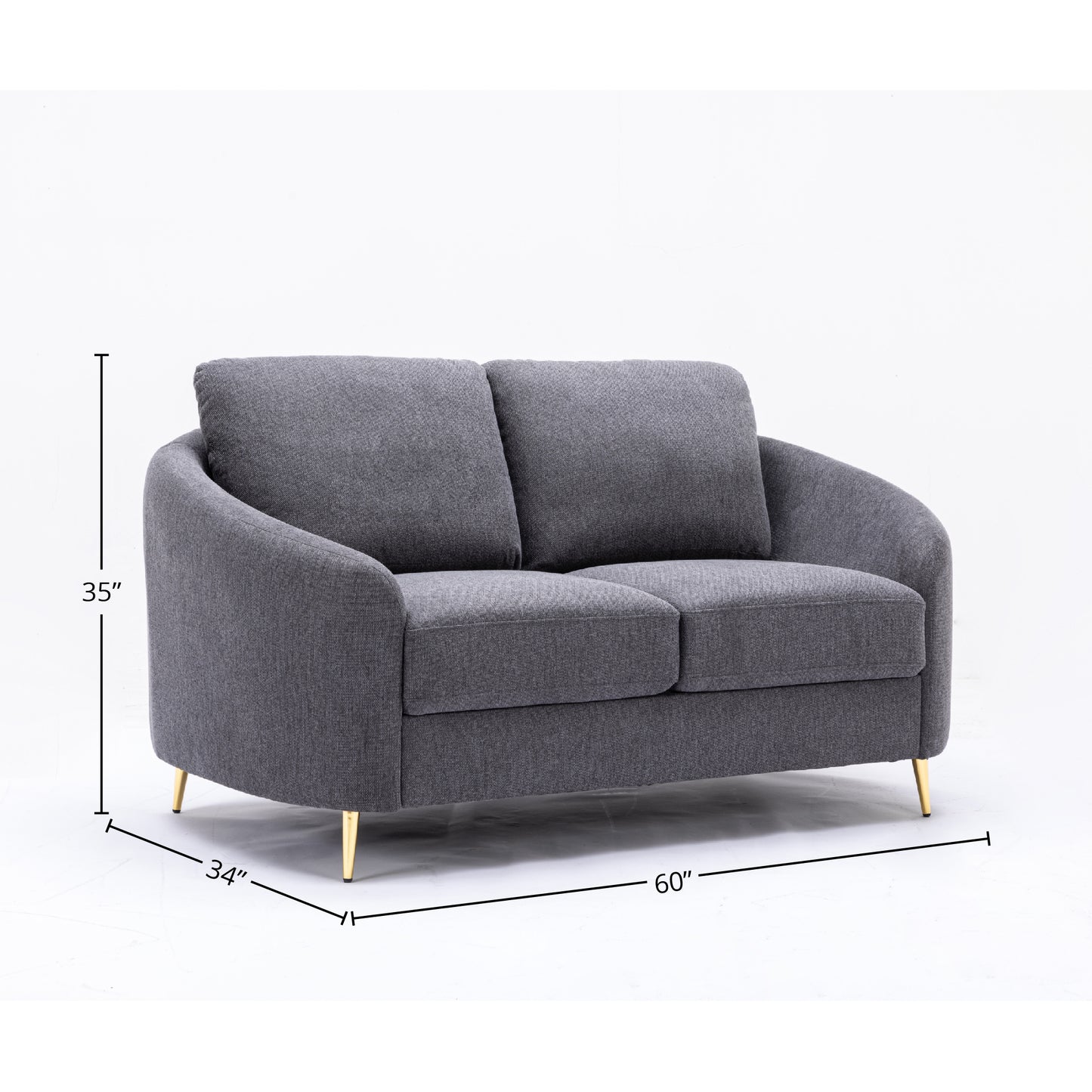 Modern gray linen twoseater sofa with rounded arms and gold legs