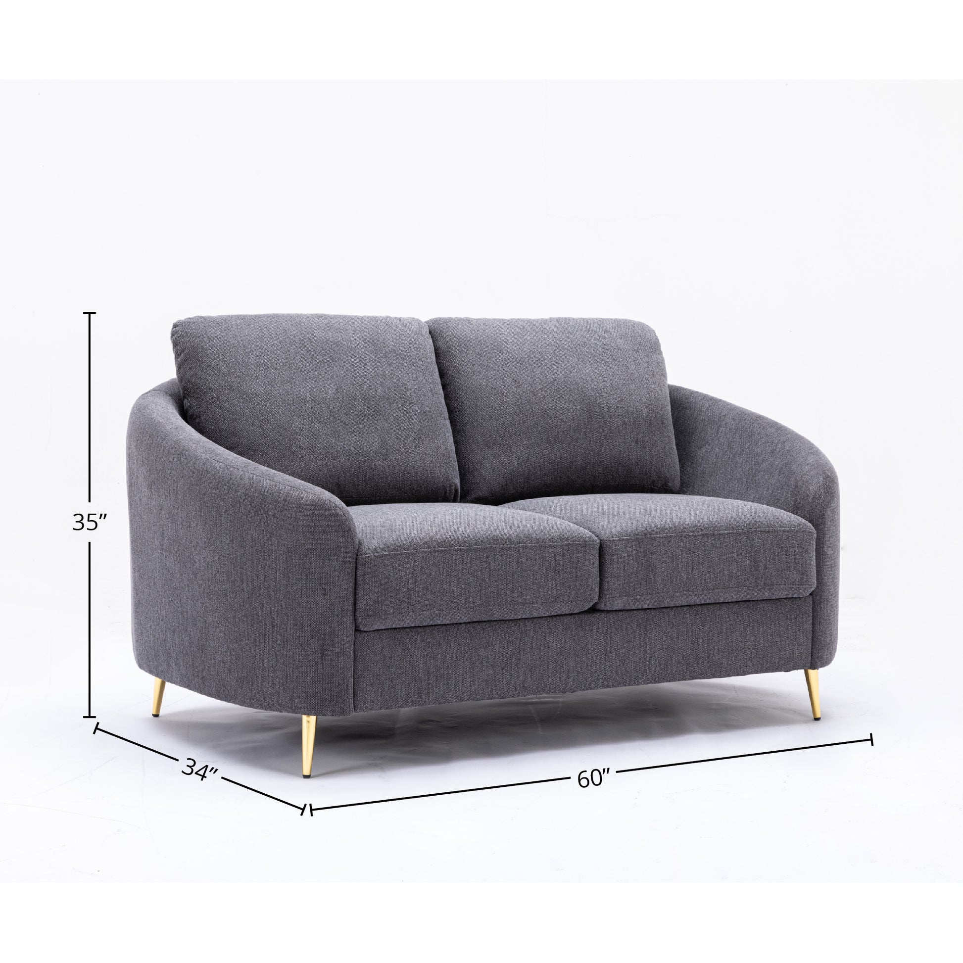 Modern gray linen twoseater sofa with rounded arms and gold legs