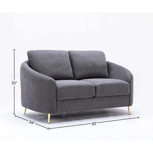 Modern gray linen twoseater sofa with rounded arms and gold legs