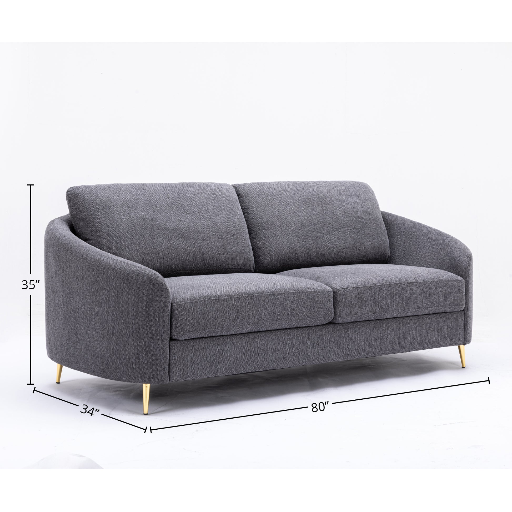 Modern gray fabric sofa with curved arms and gold metal legs  inches wide