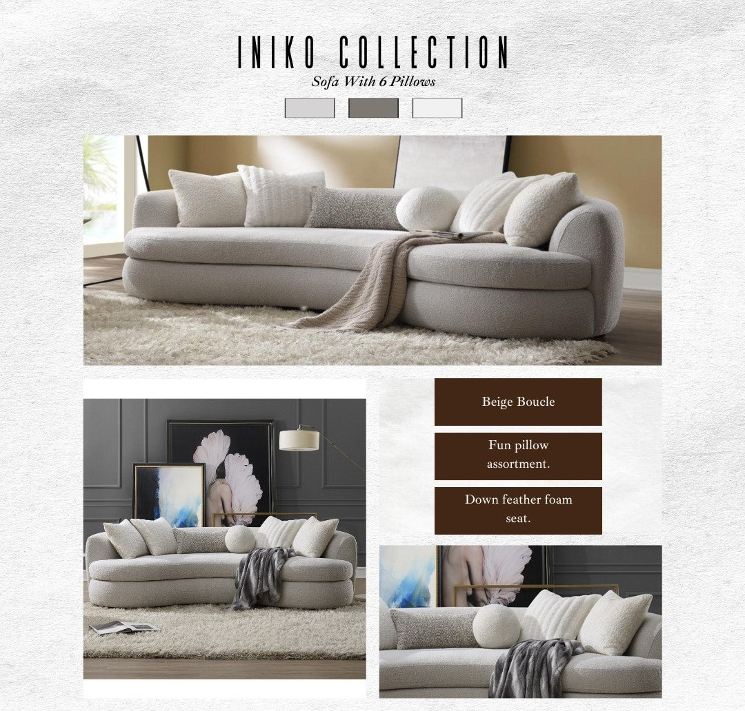 Curved beige boucl sofa with plush pillows and throw for living room