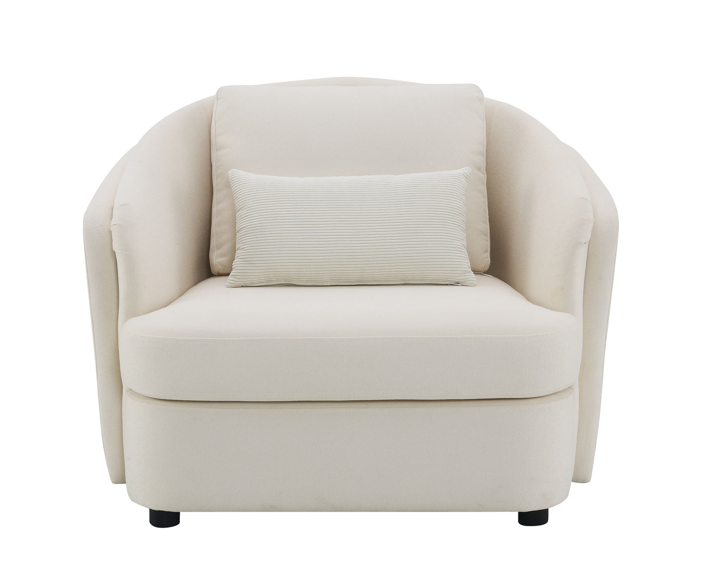 Cream velvet barrel chair with lumbar pillow for modern living room seating