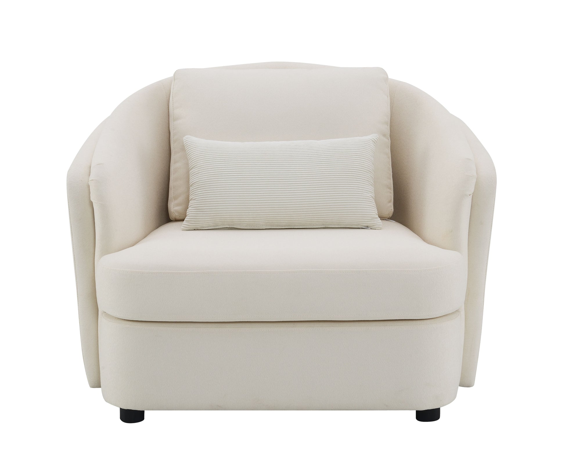 Cream velvet barrel chair with lumbar pillow for modern living room seating