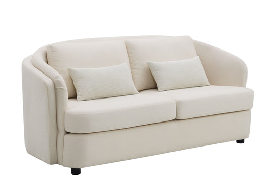 Cream upholstered loveseat with modern curved arms and two decorative pillows