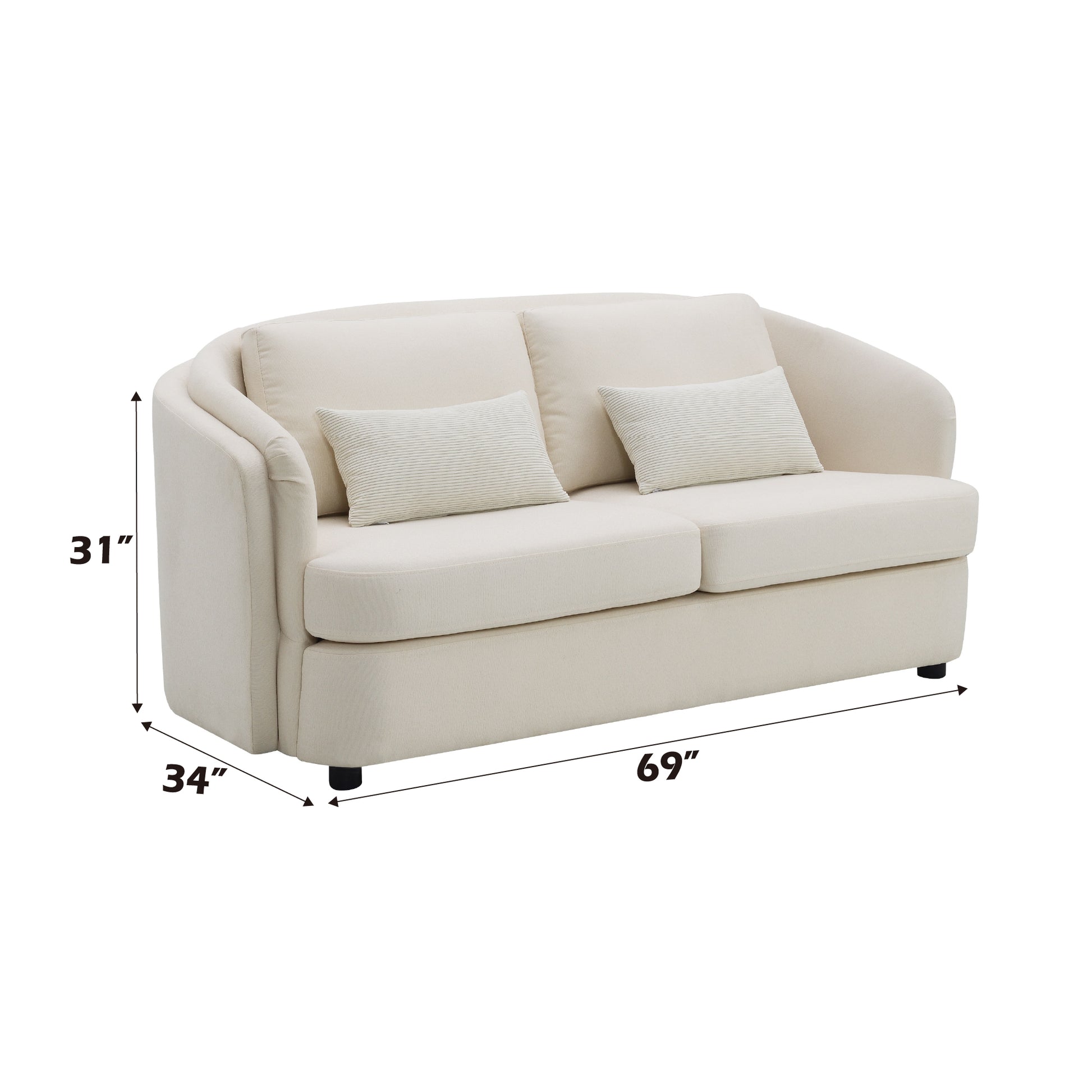 Cream fabric loveseat sofa with rolled arms and two decorative pillows  W x  D x  H