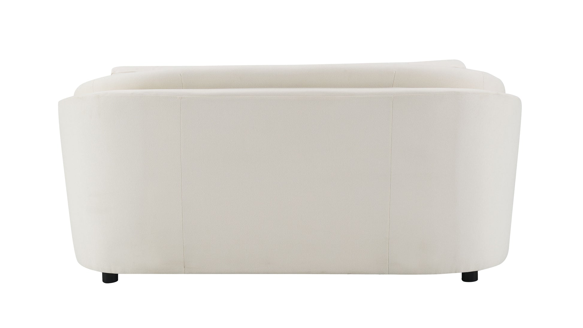 Back view of a plush cream velvet armchair with curved lines and black legs