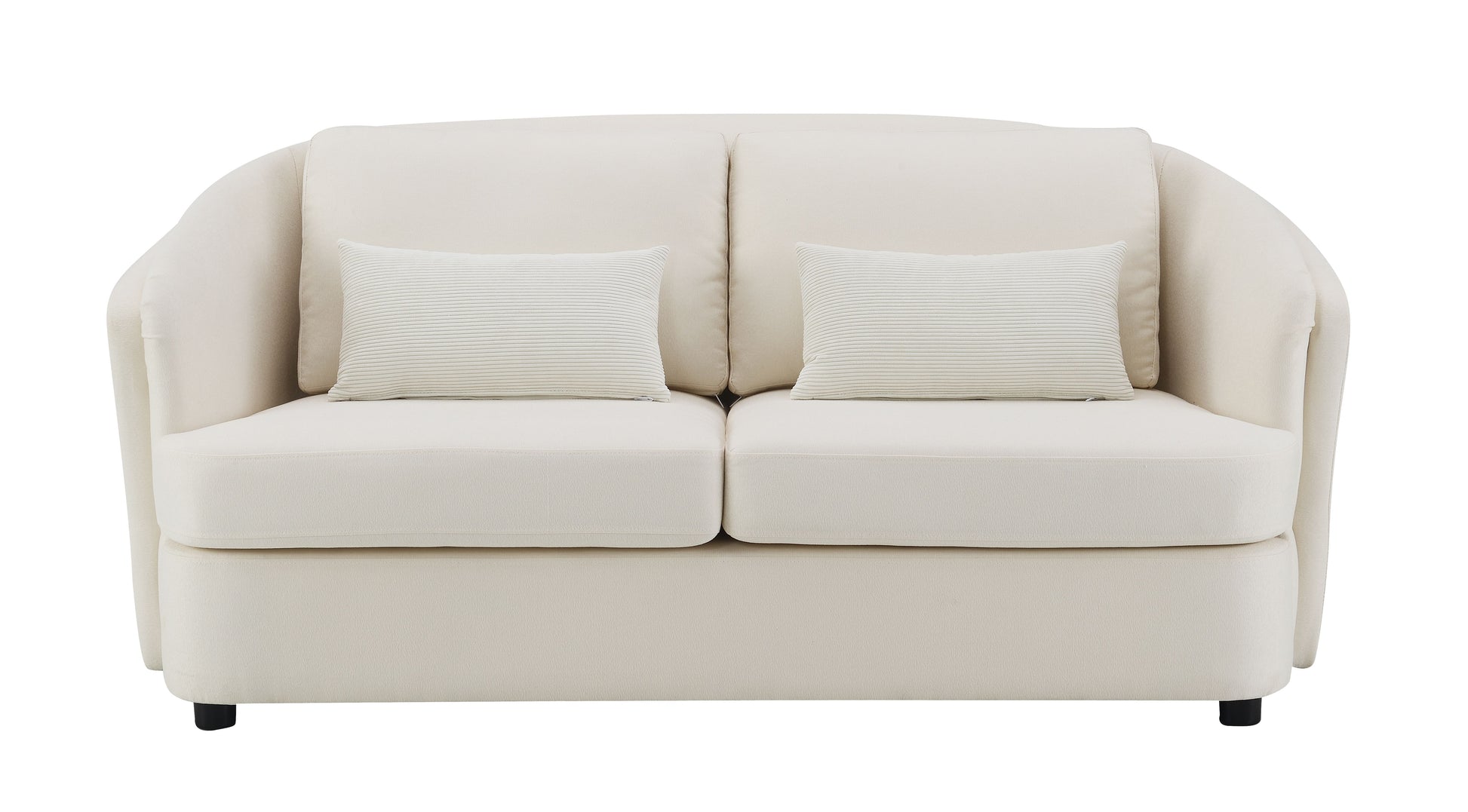 Cream upholstered loveseat with two striped throw pillows and curved arms for modern living rooms