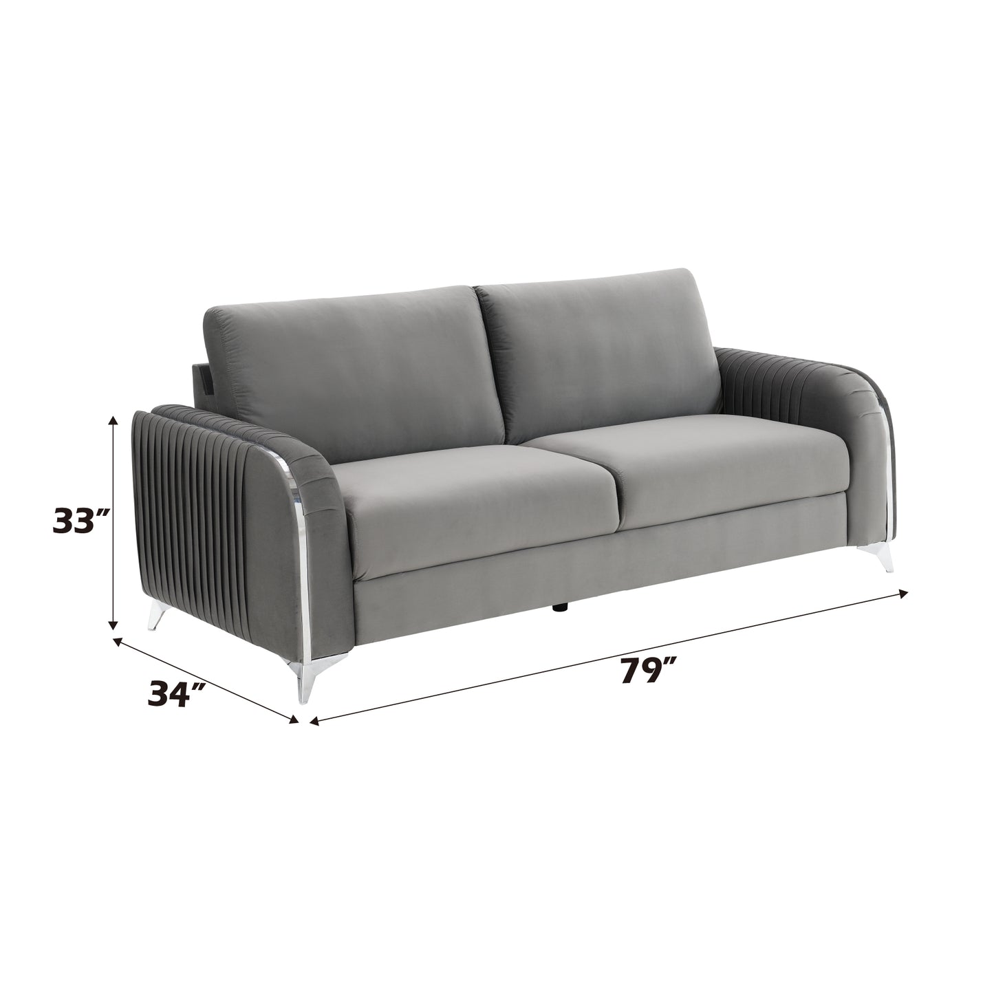 Gray velvet sofa with pleated arms and chrome legs  W x  D x  H
