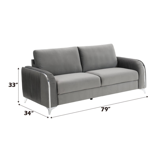 Gray velvet sofa with pleated arms and chrome legs  W x  D x  H
