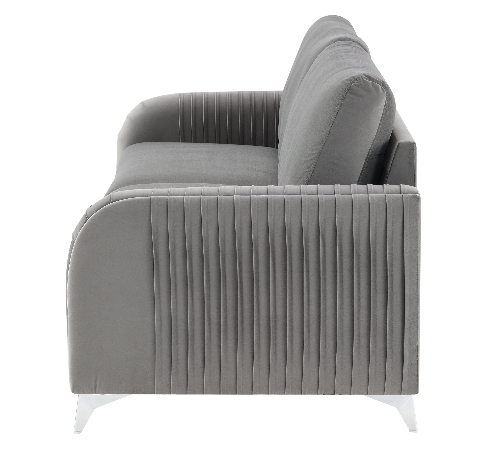 Elegant grey velvet sofa with pleated side detail and modern chrome legs perfect for living rooms