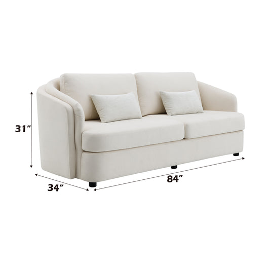 Cream boucle sofa with two textured throw pillows and dimensional callouts for size