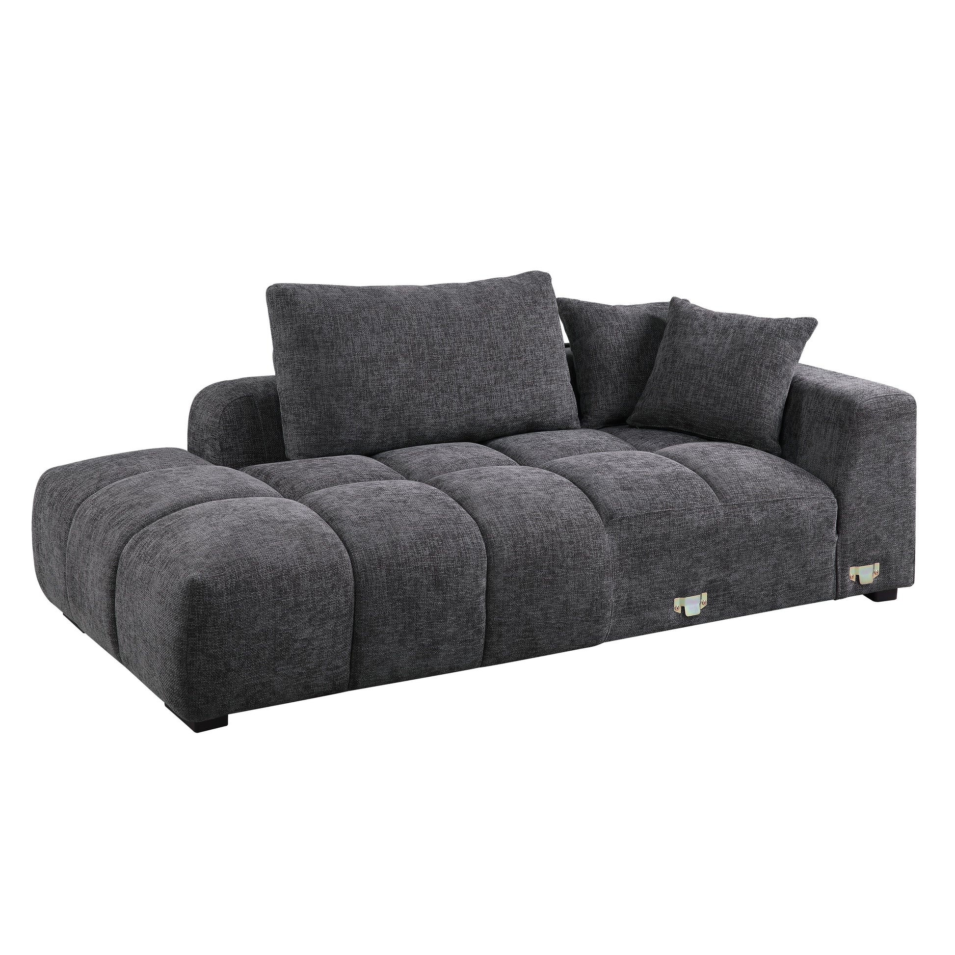 Modern charcoal grey fabric sectional sofa with tufted cushions and two accent pillows