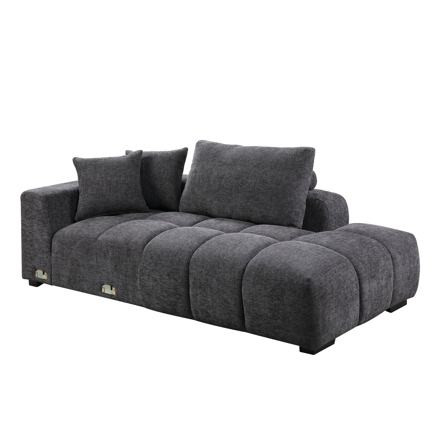 Modern dark grey fabric sectional sofa with plush cushions and tufted chaise