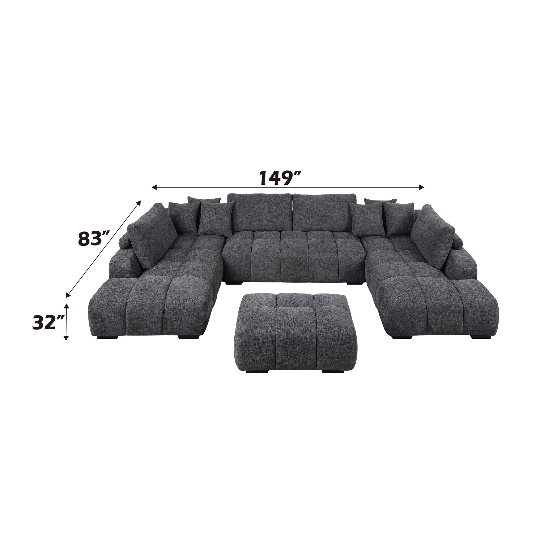 Dark gray tufted Ushaped sectional sofa with matching ottoman fabric upholstery