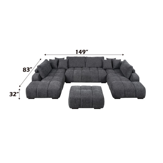 Dark gray tufted Ushaped sectional sofa with matching ottoman fabric upholstery