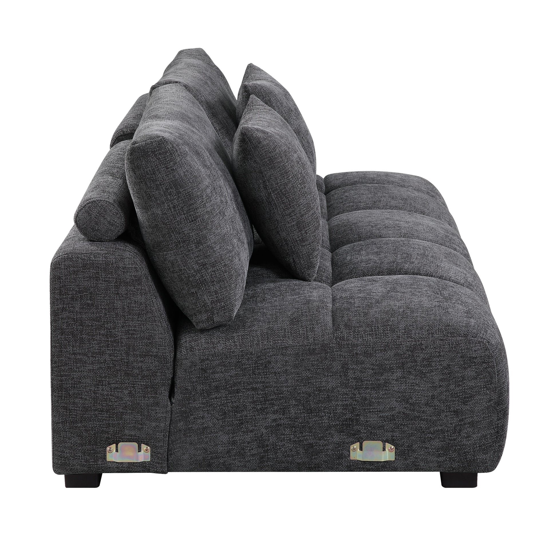 Dark grey fabric sectional sofa with plush back cushions and bolster arm Modern design for living room comfort
