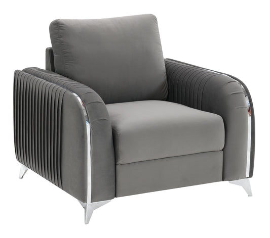 Plush grey velvet armchair with channeltufted sides and polished chrome legs for modern living room elegance