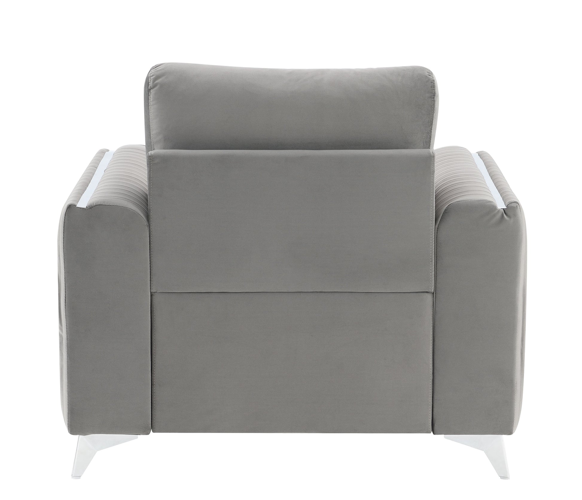 Gray velvet accent chair with modern white legs and chrome trim