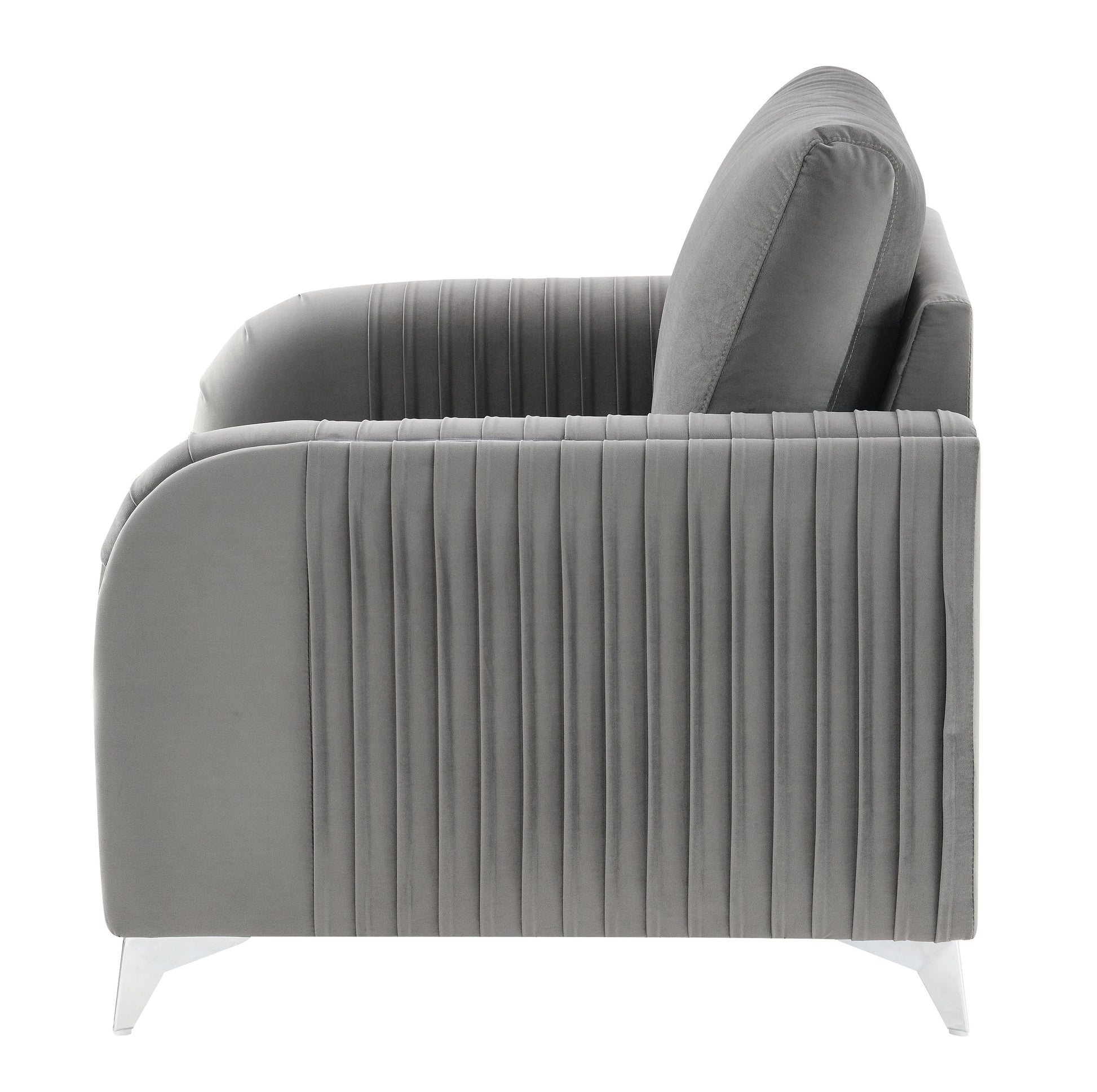 Gray velvet armchair with pleated sides and modern silver legs