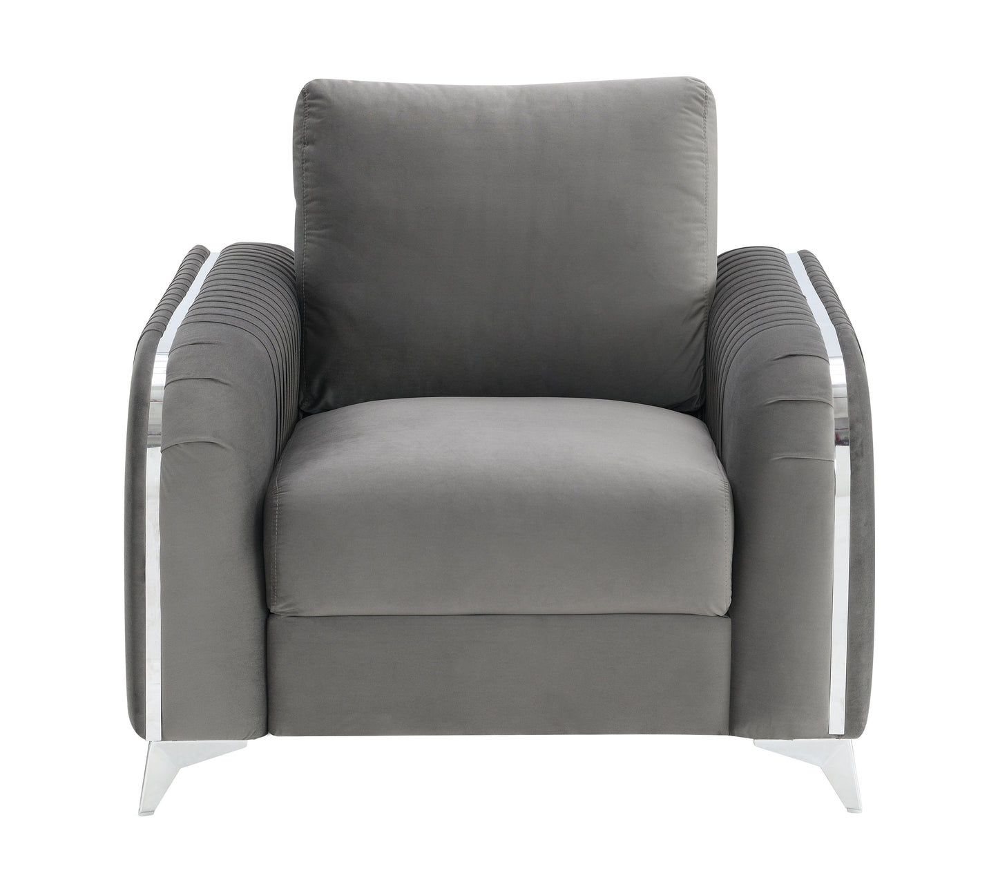 Plush grey velvet armchair with modern chrome accents and angled legs