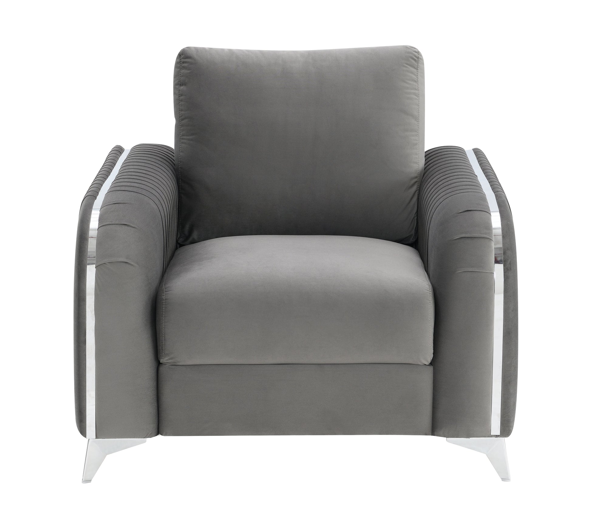 Plush grey velvet armchair with modern chrome accents and angled legs