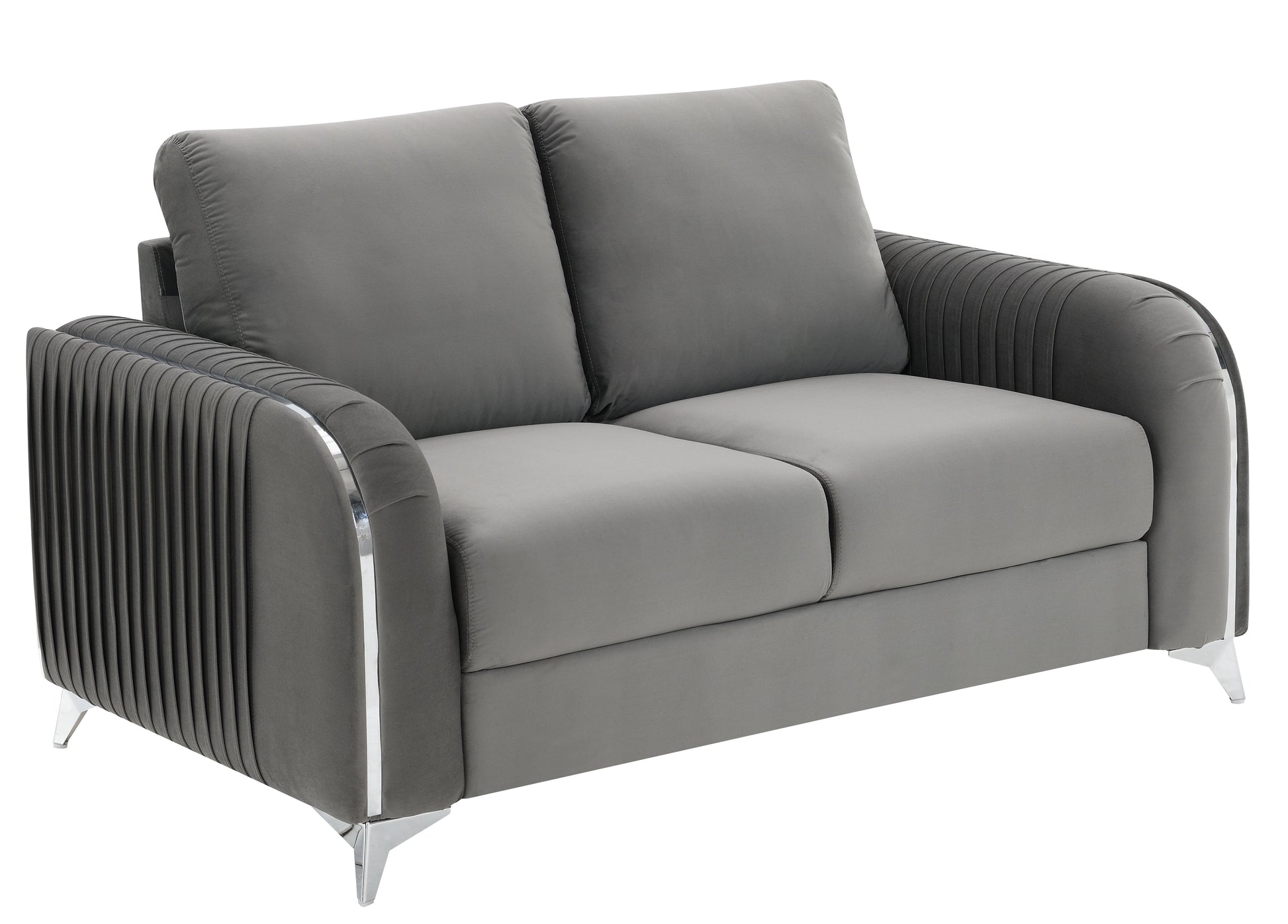 Plush grey velvet loveseat with pleated arms and chrome legs