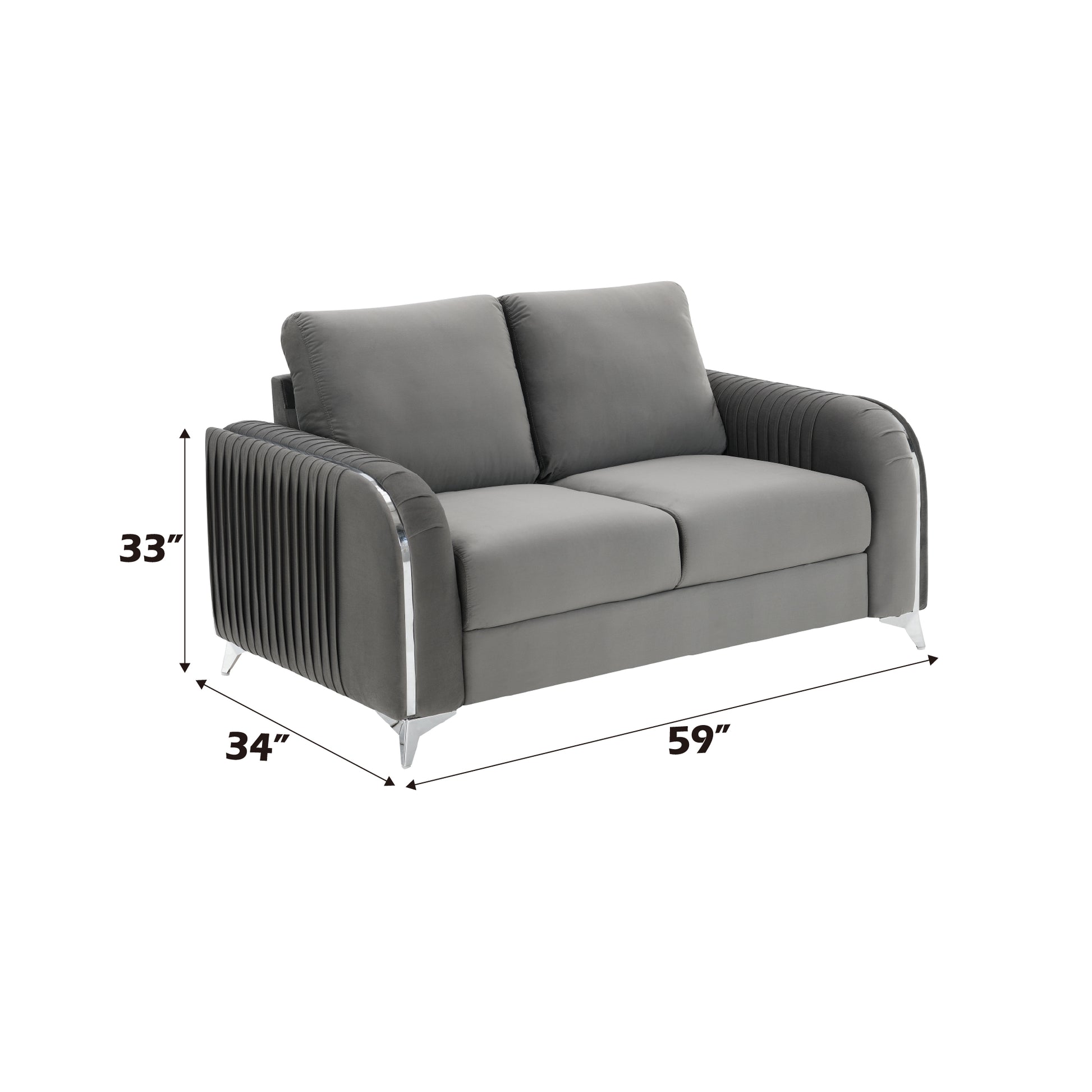 Gray velvet loveseat with pleated arms and silver legs  inches wide