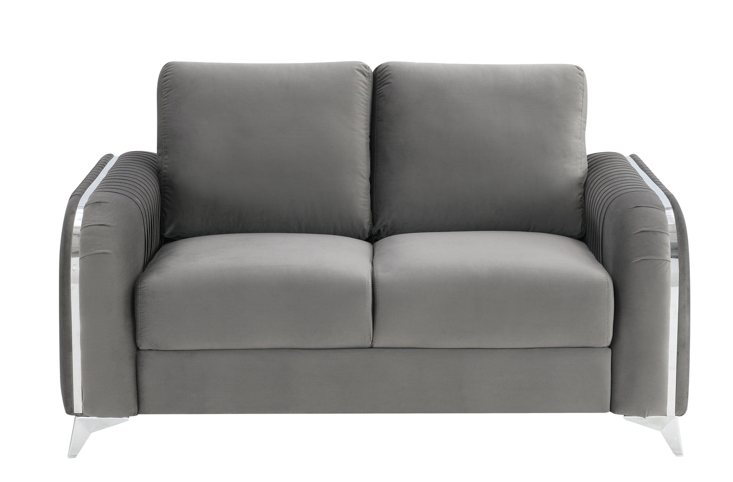 Modern grey velvet loveseat with pleated arms and chrome legs perfect for living rooms