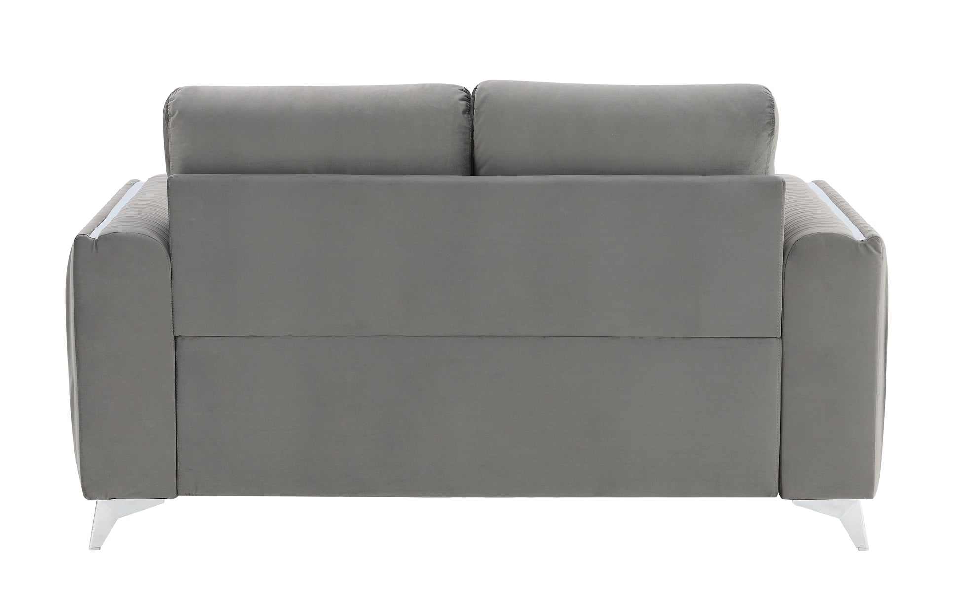 Back view of a plush grey velvet loveseat with modern chrome legs