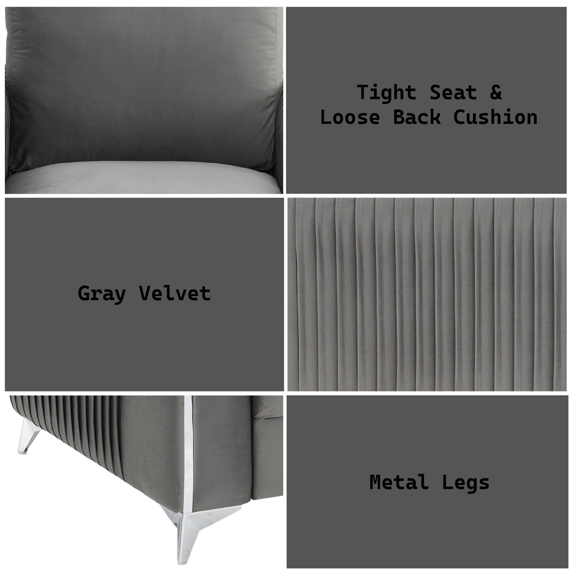 Gray velvet couch with a tight seat and loose back cushion for comfort