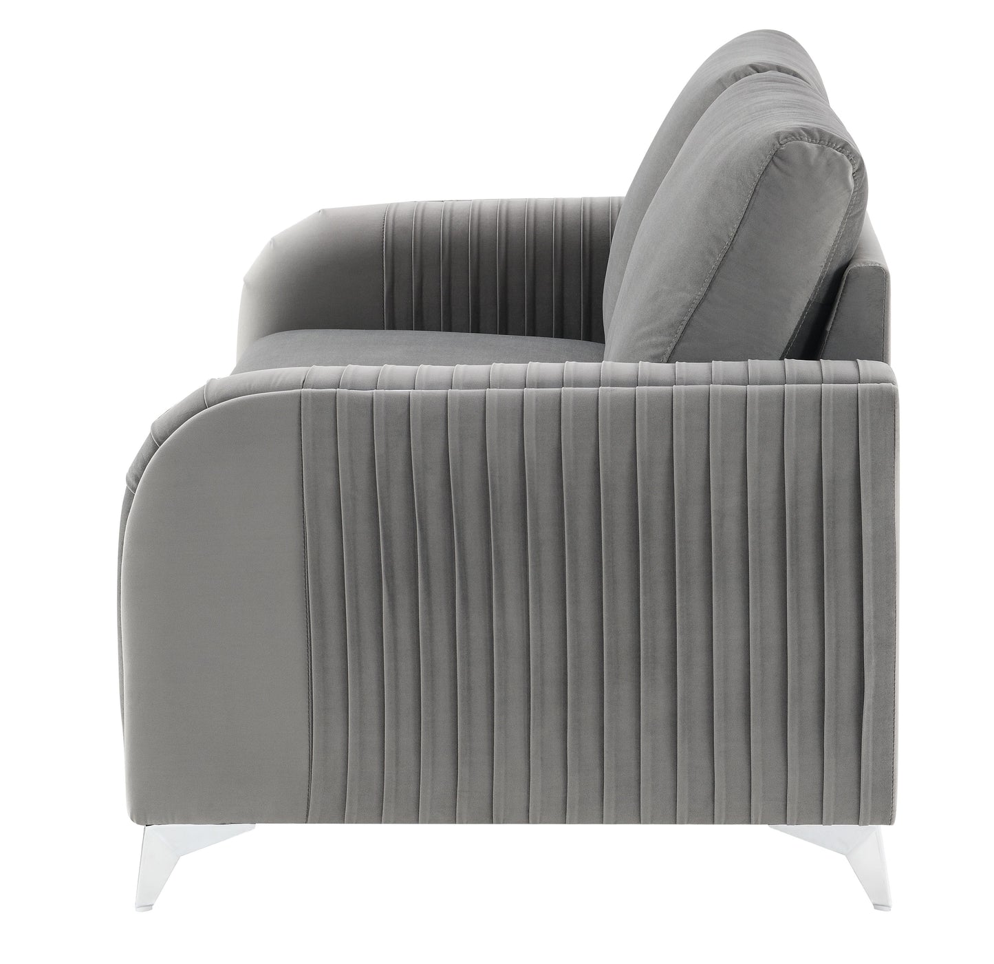 Gray velvet sofa with plush cushions and pleated side detail contemporary living room furniture