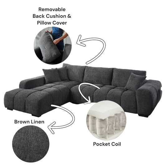Dark charcoal sectional sofa with tufted cushions brown linen fabric and pocket coil springs