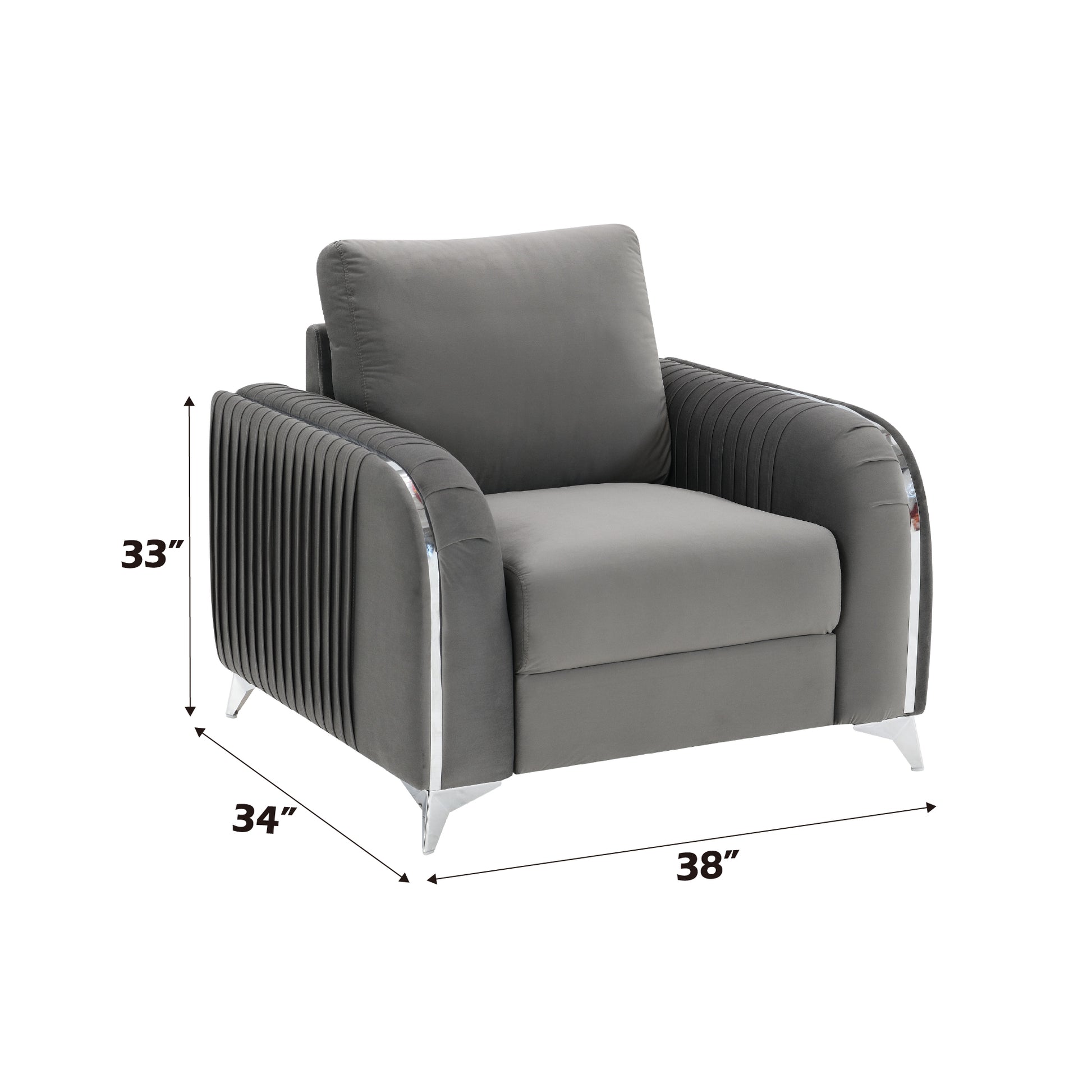 Gray velvet accent chair with pleated arms and chrome trim
