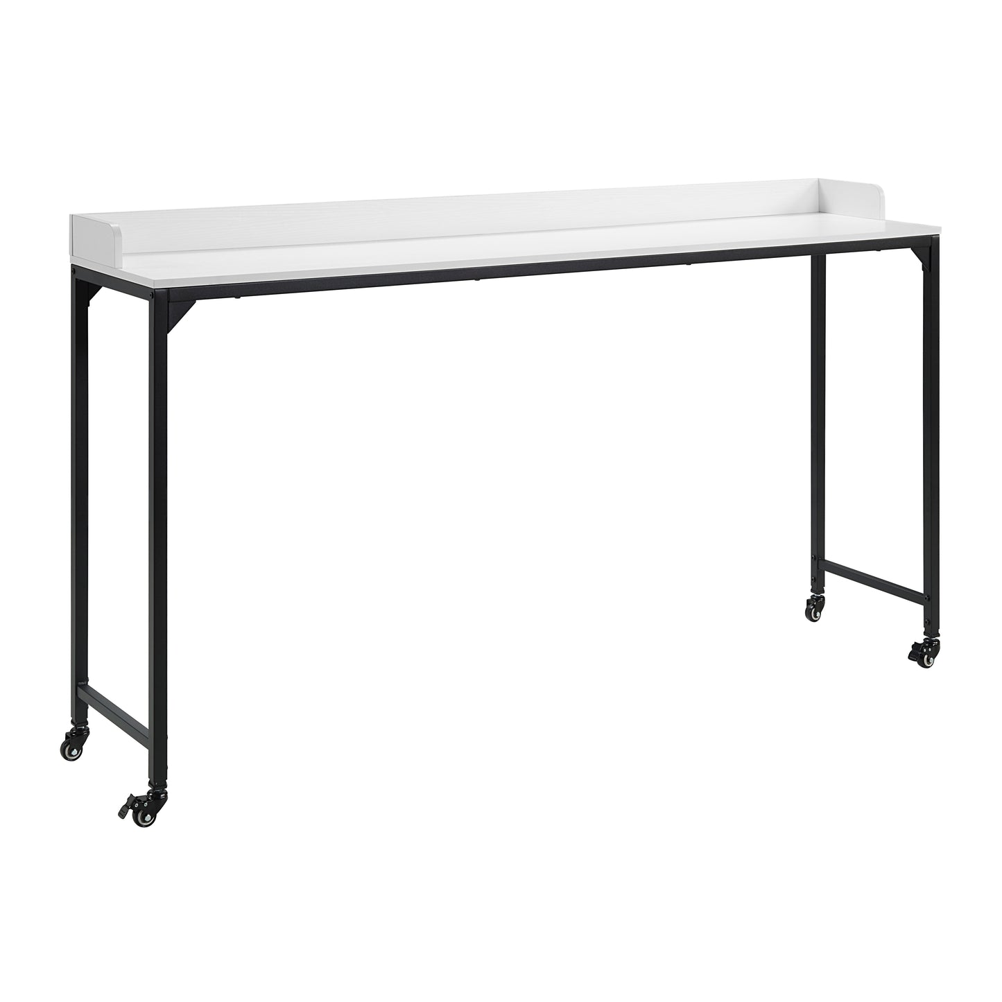 White top standing desk with black metal frame and wheels for easy mobility