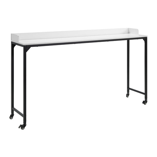 White top standing desk with black metal frame and wheels for easy mobility