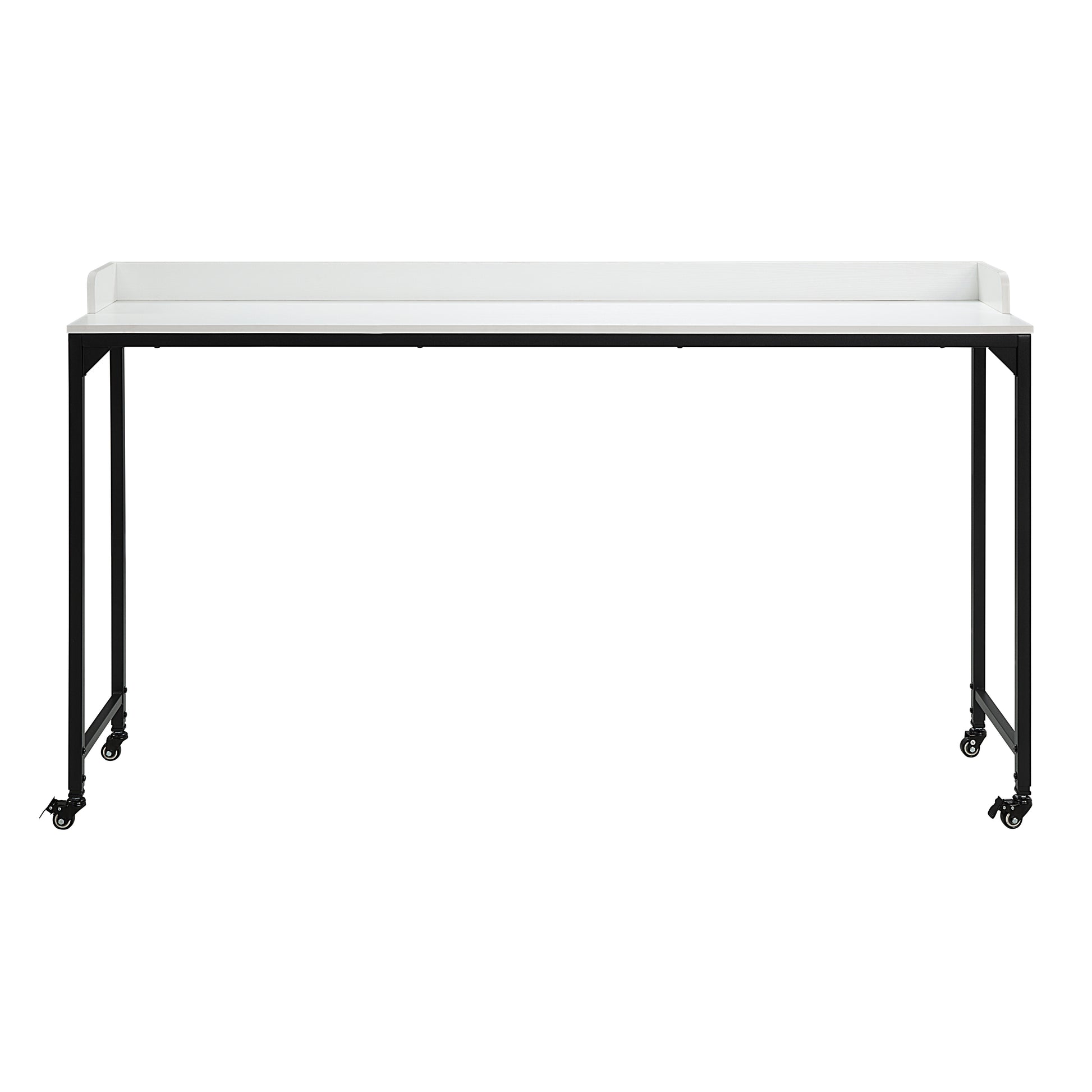 White modern writing desk with black metal frame and wheels
